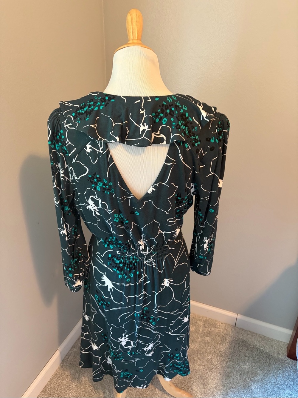 CAbi Dark Green Floral Wrap-Style Long Sleeve Ruffle Up Dress #4453 - Picture 2 of 2